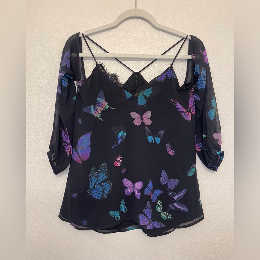 Express Vintage Y2K Lace Black with Colorful Butterfly Design Blouse Size XS